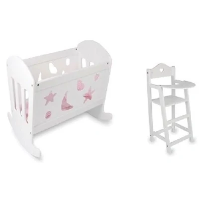 Image of SET OF Dolls White Varnished Rocking Wooden Cradle Cot Bed and Matching High Chair Toy