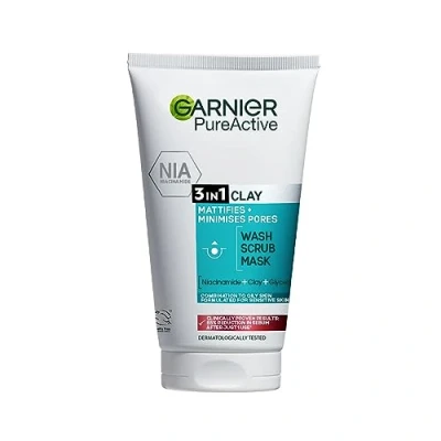 Image of Garnier Pure Active 3in1 Clay Mask Wash Scrub 150ml, With Clay, Eucalyptus &amp; Salicylic Acid, Face Cleanser For Oily Skin, Packaging May Vary