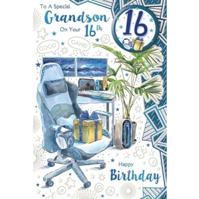 Image of Grandson 16th Birthday Card &amp; Badge Age 16 Gaming Chair Desk Blue Foil 9x6&quot;