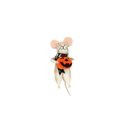 Image of Gisela Graham Wool Mix Halloween Mouse Decoration wearing scarf &amp; holds Pumpkin