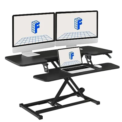 Image of FLEXISPOT Standing Desk Converter Sit to Stand up Riser with Dual Monitor and Laptop, Height Adjustable Computer Workstation Wide Keyboard Tray, Black
