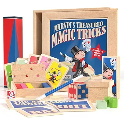 Image of Marvin&#039;s Magic Treasured Tricks Wooden Set For Kids Includes Escaping Coloured Blocks, Vanishing Rabbit Illusion, Amazing Rising Cards + More