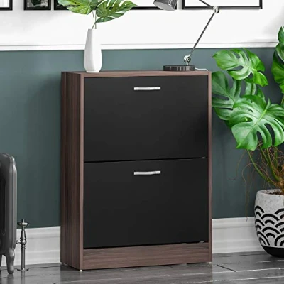 Image of Vida Designs 2 Drawer Shoe Cabinet Cupboard Storage Organiser Pull Down Wooden Hallway Furniture Unit, Walnut and Black