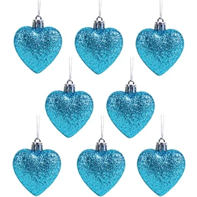 Image of Christmas Concepts® Pack of 8 60mm Heart Shaped Tree Baubles Glitter Decorated (Turquoise)