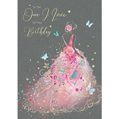 Image of Cherry Orchard One I Love Birthday Card To The On Your Artistic Lady In Gorgeous Pink Floral Dress with Butterflies Flitter &amp; Gold Foil Finish For Her