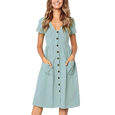 Image of Summer Dresses for Women Casual Midi Dress Short Sleeve Shirt V Neck Button Decoration Swing A Line Tunic with Pockets Size S = UK 8 10