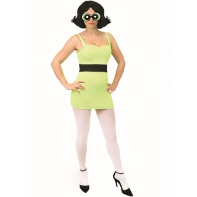 Image of Ladies Powerpuff Girl Buttercup Costume X Small Green Dress with Black Stripe, Wig, Glasses, White Tights Adults Cartoon TV Show Fancy