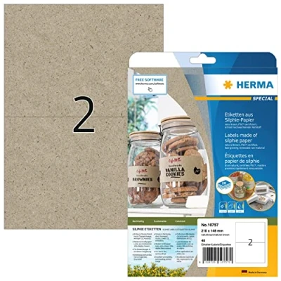 Image of HERMA Self Adhesive Multipurpose Labels, 2 Labels per A4 Sheet, 20 Sheets, 210 x 148 mm, 40 Blank Universal Stickers, Sticky Silphie for Laser &amp; Inkjet Printer, Natural Brown