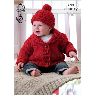 Image of King Cole Baby Chunky Knitting Pattern Cable Jacket Blanket &amp; Hat (3706), Various Sizes