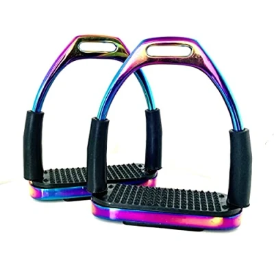 Image of ExtremE RAINBOW GLOSS FILLIS SAFETY FLEXI BENDY STIRRUPS HORSE RIDING S/STEEL WITH BLACK TREADS 4.75&quot; 12cm