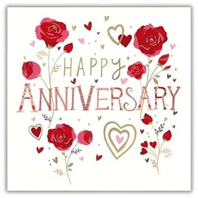 Image of Woodmansterne Anniversary Card Happy with Roses and Hearts Design a Foil Finish for Special Couple or Someone