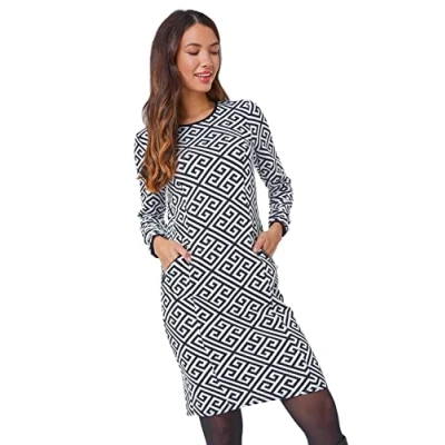 Image of Roman Originals Spot Print Zip Pocket Jersey Dress for Women UK Ladies Everyday Holiday Autumn Winter Round Neck 3/4 Sleeves Comfy Soft Evening Vacation Work Party Grey Navy Size 20