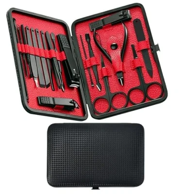 Image of Professional Manicure Stainless Steel Set, 18 pcs Portable Nail Clippers Pedicure Eyebrow Grooming Kit, Care Tools with Luxurious Leather Case