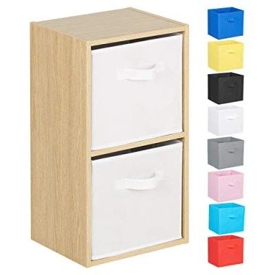 Image of Hartleys 2 Tier Oak Cube Unit White Storage Boxes