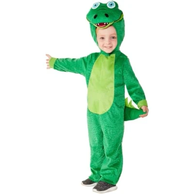 Image of Smiffys Toddler Crocodile Costume, Green with Hooded Jumpsuit, Children&#039;s Animal Fancy Dress, Dress Up Costumes