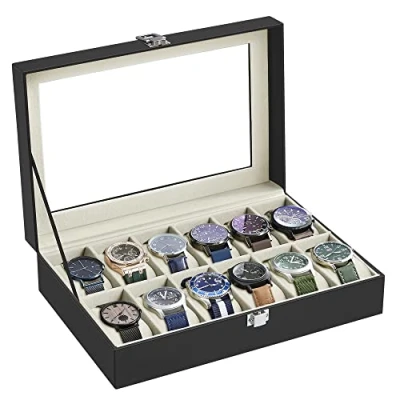 Image of SONGMICS Watch Box with 12 Slots, Case Glass Lid, Display Removable Pillows, Metal Clasp, Gift Idea, Black Synthetic Leather, Greenish Beige Lining JWB12BE