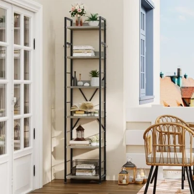 Image of YITAHOME Bookcase 6 Tiers, Floor Standing Book Shelf with 4 Hooks, Wooden and Metal Frame Rack Industrial Tall unit Storage for Living Room, Home Office, Grey Bookshelf