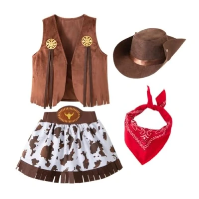Image of Lito Angels Cowgirl Costume Outfit Fancy Dress Up with Waistcoat, Bandana and Hat for Little Kids Girls Age 4 5 Years, Brown