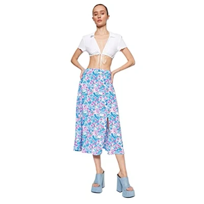 Image of Trendyol Women Midi A line Regular fit Woven Skirt,Indigo Ecru,40