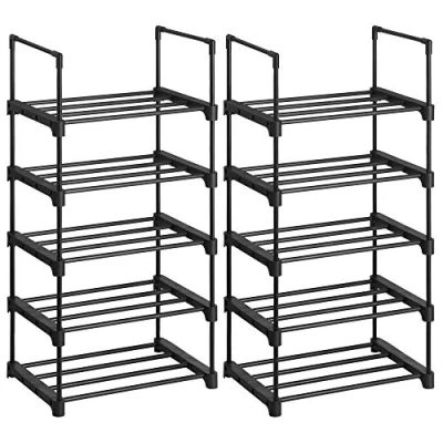 Image of SONGMICS 5 Tier Shoe Rack, Storage Organiser, Set of 2 Metal Stackable Shelf, for Hallway, Living Room, Bedroom, Cloakroom, 30 x 45 89 cm, Black LSA055B02