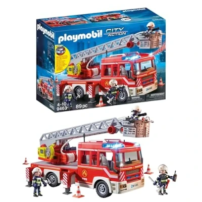 Image of Playmobil 9463 City Action fire Ladder Unit with Extendable Lights and Sound, fighter helicopter toy, fun imaginative role play, playset suitable for children ages 4+