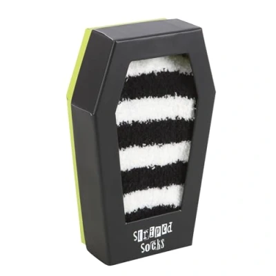 Image of Something Different Wholesale Gothic Style Striped Socks in Coffin Gift Box: Embrace the Darkness with Fluffy Black and White for Emo Enthusiasts!