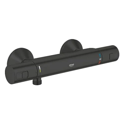 Image of GROHE Precision Start Exposed Thermostatic Shower Mixer (Wall Mounted, Water Saving, Safety Button at 38C, Compact Cartridge with Wax Thermoelement), Matt Black, 345942430