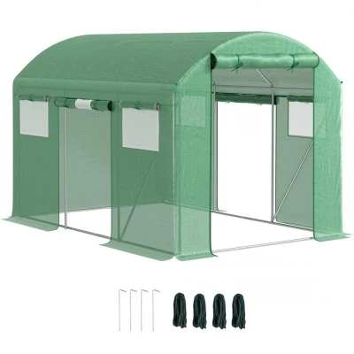 Image of Outsunny 3 x 2 2m Polytunnel Greenhouse with Roll up Doors and Mesh Windows, Walk in Garden Tunnel Warm House Tent UV resistant PE Cover Galvanised Steel Frame, Green