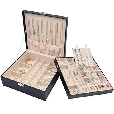 Image of ProCase Jewellery Box Organiser, Large Boxes with 2 Tiers, Gift Storage Cases Removable Divider for Earrings, Bracelets, Rings, Necklaces Black