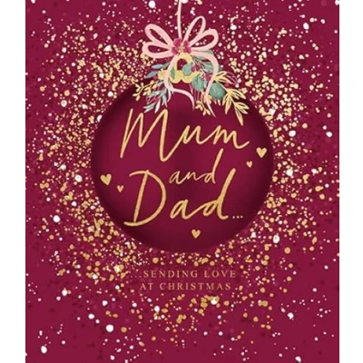 Image of Paperlink Mum and Dad Christmas Card Decorative Bauble with Foil Embossed Details Eco Friendly Recyclable, 230 x 150mm, Red, Gold, Green, Pink