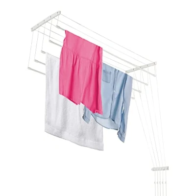 Image of KADAX Ceiling Clothes Airer, Mounted Drying Rack with Steel Rods for Bathroom, Laundry Dryer Indoor and Outdoor Use (White, 5 x 120 cm)