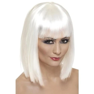 Image of Smiffys Glam Wig, White Short, Blunt with Fringe, Ladies Glamour Wigs Fancy Dress, Adult Dress Up