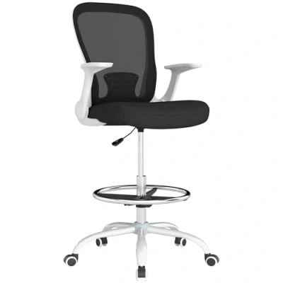 Image of HOMCOM Drafting Chair, Swivel Draughtsman Ergonomic Office Mesh Standing Desk Chair with Flip up Armrest, Lumbar Support, Adjustable Foot Ring, Black White