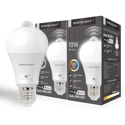 Image of SINCELIGHT Motion Sensor LED Bulb with E27 Cap, Detects Human Movement, Automatic ON/OFF in darkness, 10W GLS PIR and Light Sensor, Security Bulb, 60 Seconds Delay, Pack of 2