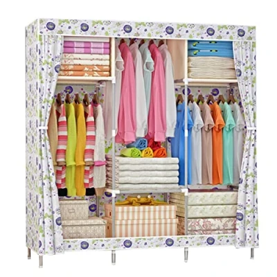 Image of Wardrobe Canvas Fabric Foldable Clothes Closet Storage Organizer With Hanging Rail, Shelves for Bedroom,White 105x46x156cm