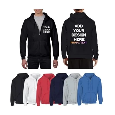Image of Custom Zip up Hoodie with Photo Text Logo, Personalised Men&#039;s Long Sleeve Sweatshirt Front/Back