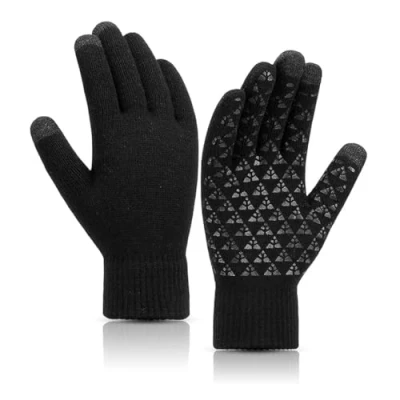 Image of BSLVWG Winter Warm Gloves,Winter Touchscreen Knitted Gloves, Unisex Anti Slip Thermal Wool Lined Windproof Driving Running Cycling Gloves for Men Women (Black, Women)