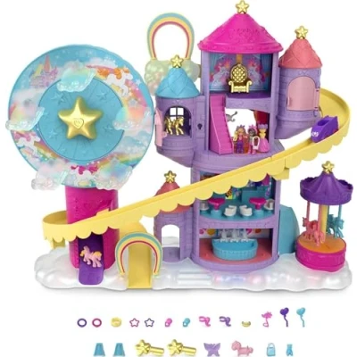 Image of Polly Pocket Rainbow Funland Theme Park, 3 Rides, 7 Play Areas, and Shani Dolls, 2 Unicorns &amp; 25 Surprise Accessories (30 Total Pieces), Great Gift for Ages 4 Years Old Up, HBT13