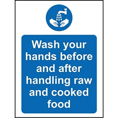 Image of Wash your hands before and after handling raw cooked meat Hygiene catering safety sign 1.2mm Rigid plastic 300mm x 200mm
