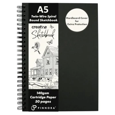 Image of Pinnora Creative A5 Sketchbook, Wire Spiral Bound Sketch Book with 50 Pages of Mixed Media Art Paper 140gsm, Sketchbook A4, Black Board Drawing Pad Cover, and for All Artists