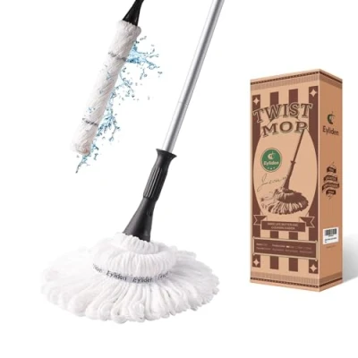 Image of Eyliden Microfiber Twist Mop Silver 57.5 Inches Dust Mops Washing Hand Release Floor Cleaning with 2 Removable Washable Heads Product and Packaging Upgrade