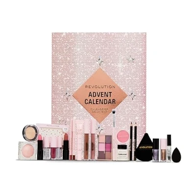 Image of Revolution Beauty 24 Piece Holiday Advent Calendar, Makeup Gift Set with Lip Gloss, Nourishing Masks, Brushes &amp; Brow Gel, Vegan Cruelty Free