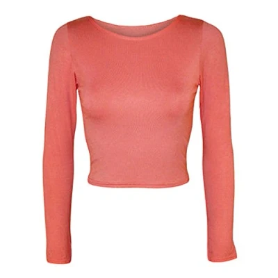 Image of Candid Styles Womens Crop Long Sleeve T Shirt Ladies Short Plain Round Neck Top 8 14, (8 10, Coral)