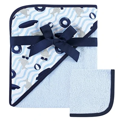 Image of Hudson Baby Unisex Cotton Hooded Towel and Washcloth, Shark, One Size