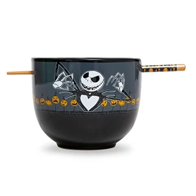 Image of Disney The Nightmare Before Christmas Scary Jack Ceramic Dinnerware Set Includes 20 Ounce Ramen Noodle Bowl and Wooden Chopsticks
