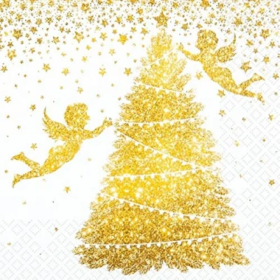 Image of 20 Small Cocktail Napkins Golden Angel on Tree Christmas Winter Table Decoration Decoupage Napkin Technology 25 x cm