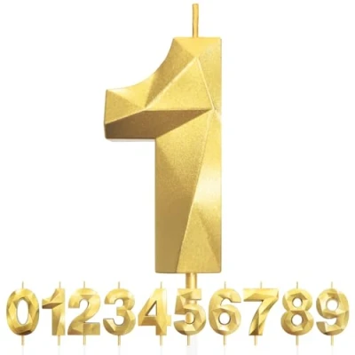 Image of 1st Birthday Candles, Number 1 Candle, Gold Candles for Cake, Diamond 3D Happy Cake Candle Decorations Party Wedding Anniversary Celebration Supplies