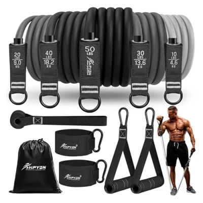 Image of HPYGN Resistance Bands, 5 Different Weights Fitness Bands Sets with Handles, Ankle Straps and Door Anchor, Portable Backpack, for Indoor Home Gym Outdoor Exercise Physiotherapy Gifts