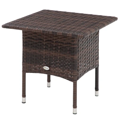 Image of Outsunny Rattan Side Table, Outdoor Coffee Table with Plastic Board Under the Full Woven Top for Patio, Garden, Balcony, Mixed Brown