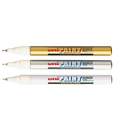 Image of Uni Colour Extra Fine (0.8mm) PX 203 Assorted Pack Oil Paint Marker Pen Metal Glass Wood Plastic Stone Outdoor mm Nib Tip (1 Of Each Gold Silver White 3 Pens)